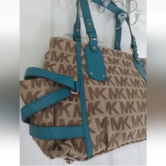 END 30-APR | MK Brown and Teal Signature Tote Bag - Picture 5 of 9